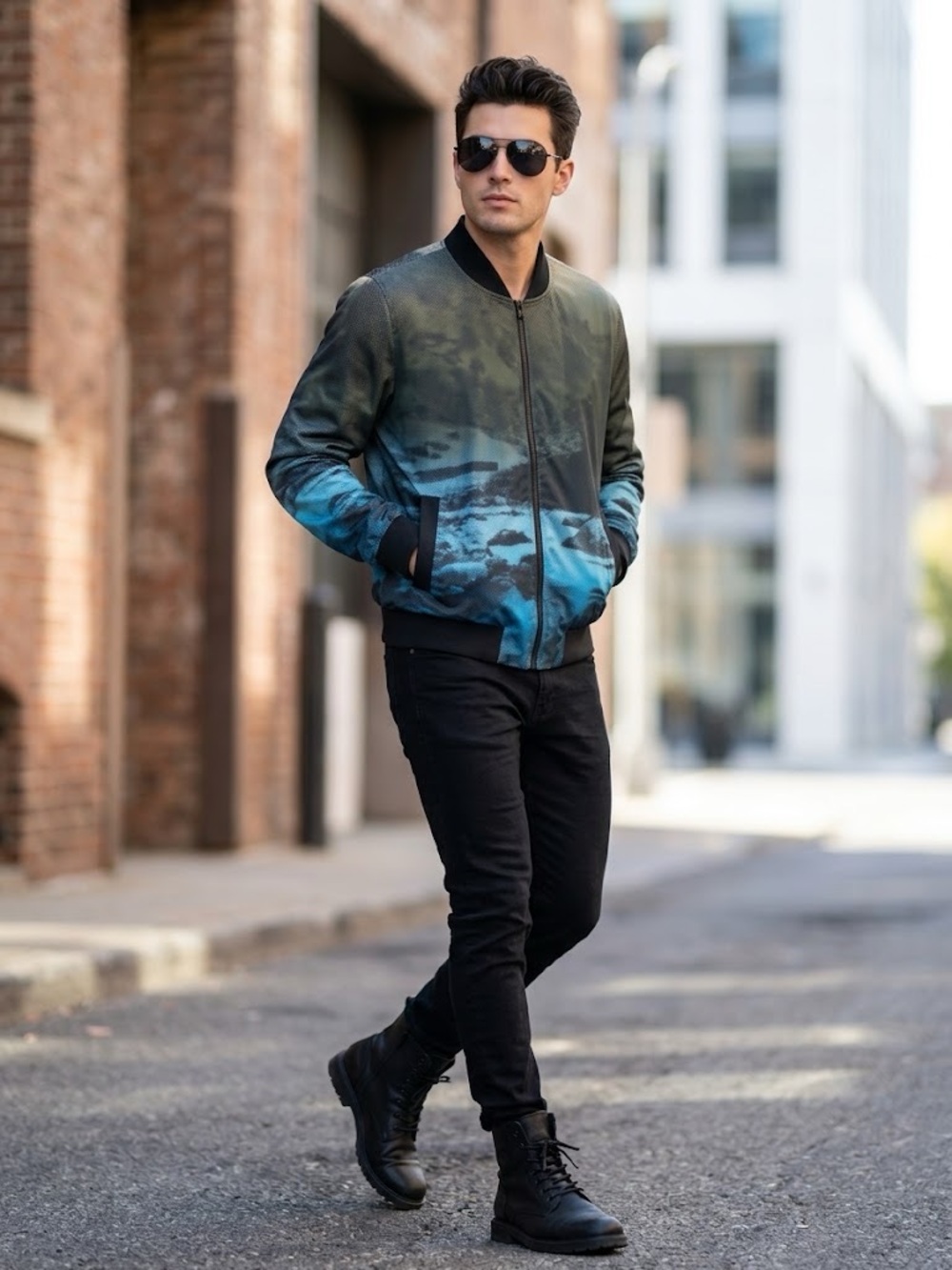 Sun + Stone Oak Men’s Bomber Jacket Green & Blue Size XL